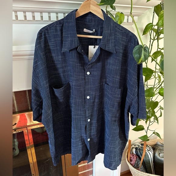 Oversized Navy Checkered Short Sleeve Shirt - Unisex - Picture 1 of 5